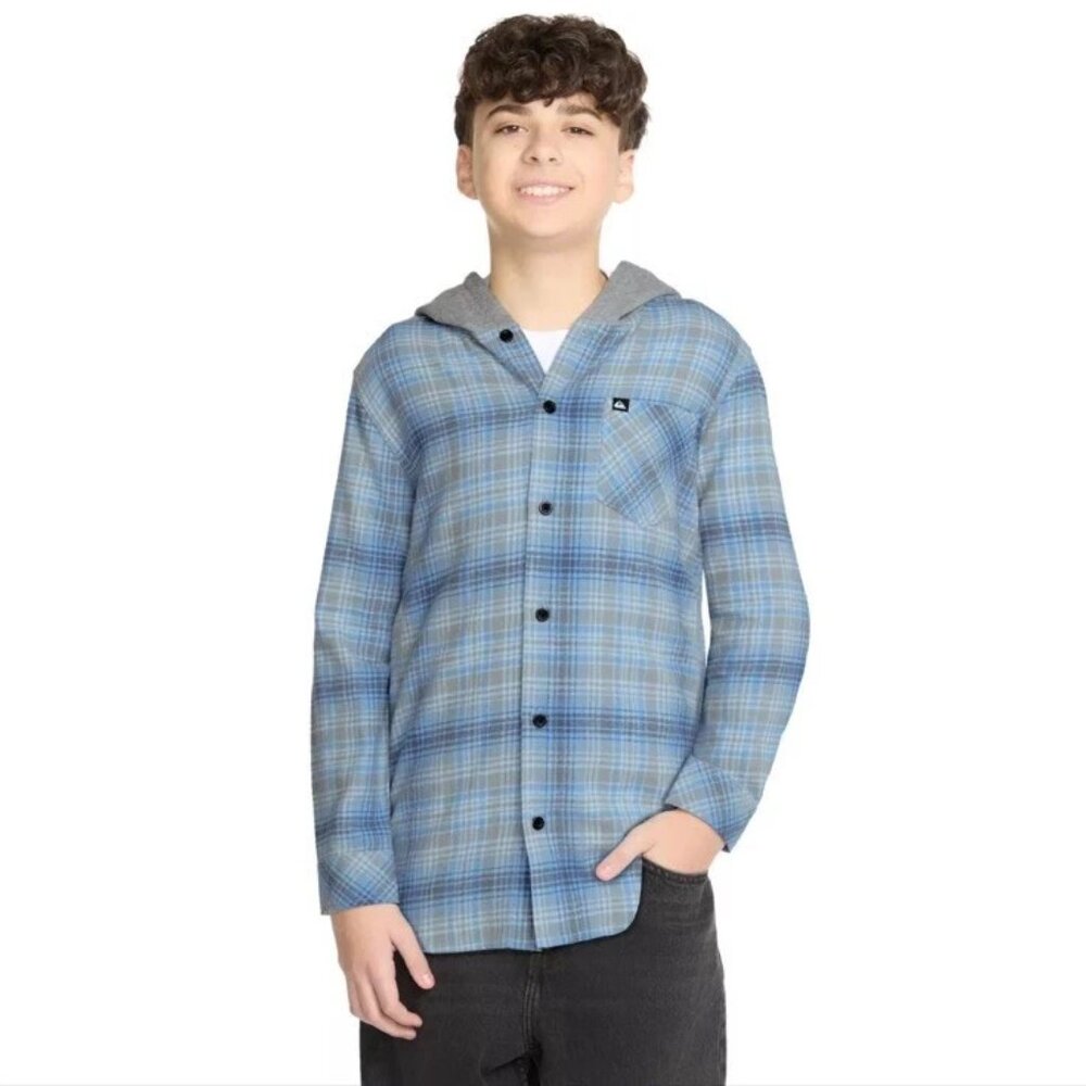 Quiksilver Boys Size Large 14/16 Azure Blue Hooded Flannel Shirt Shacket NWT
